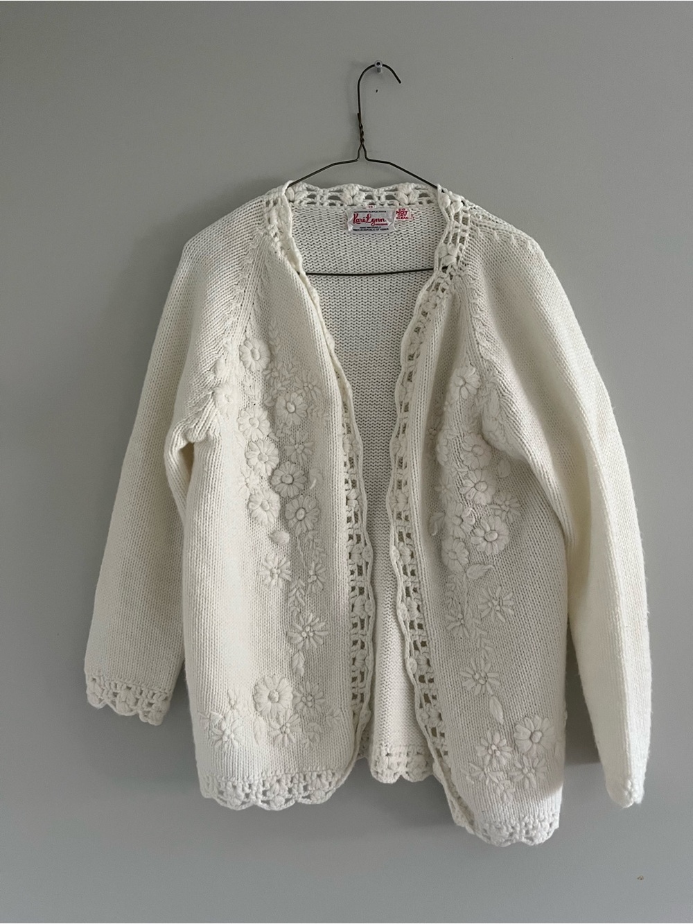 Vintage Embroidered Crochet-Trim Cream Knit Cardigan
